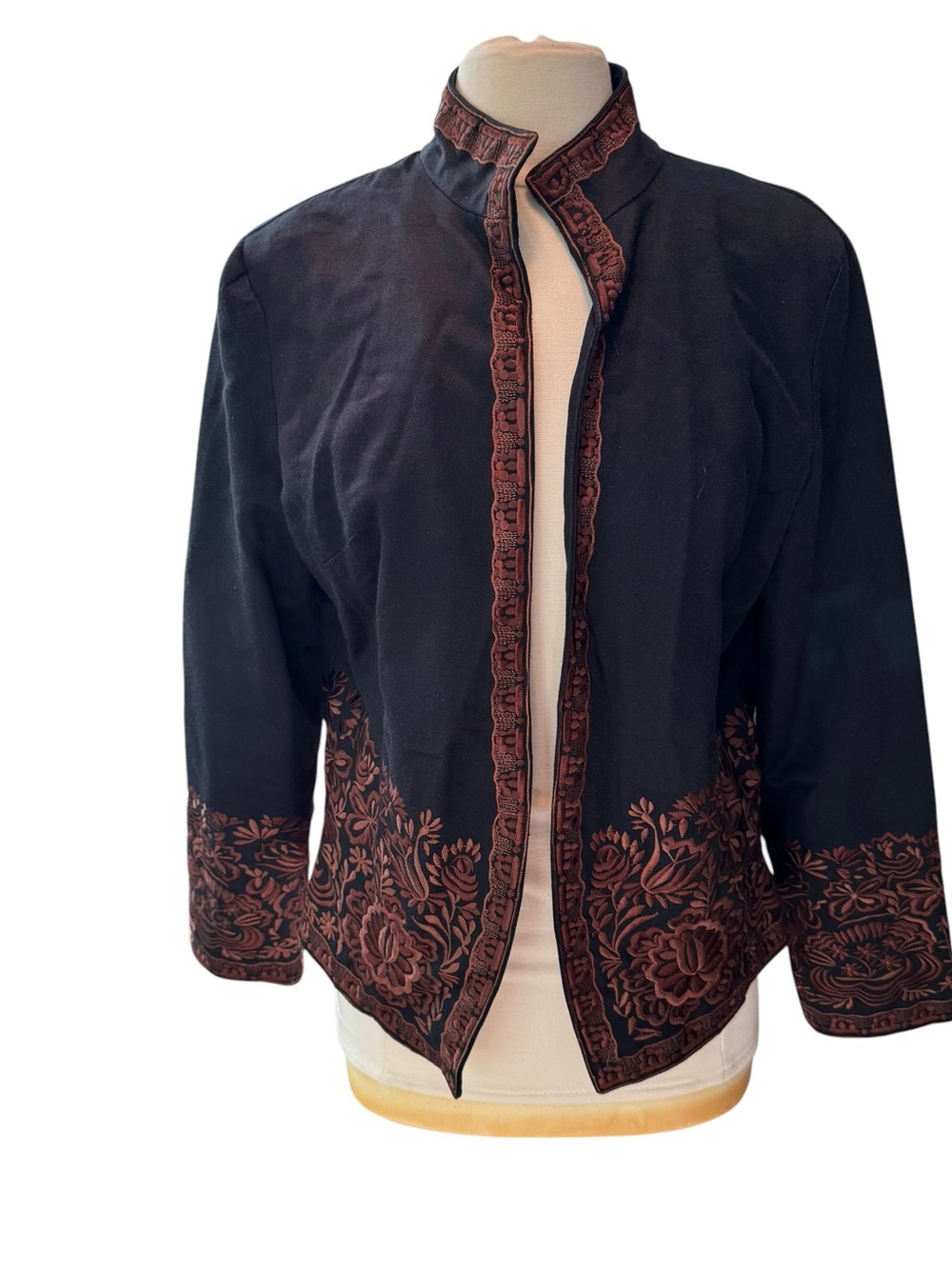 Coldwater Creek Jacket/Blazer Black Brown Floral Embroidery Sz 14 Bohemian